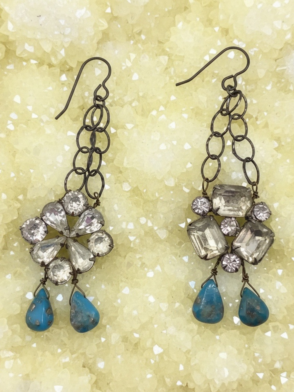 Handmade Rhinestone Bead Dangle Earrings, OOAK Boho Assemblage Earrings